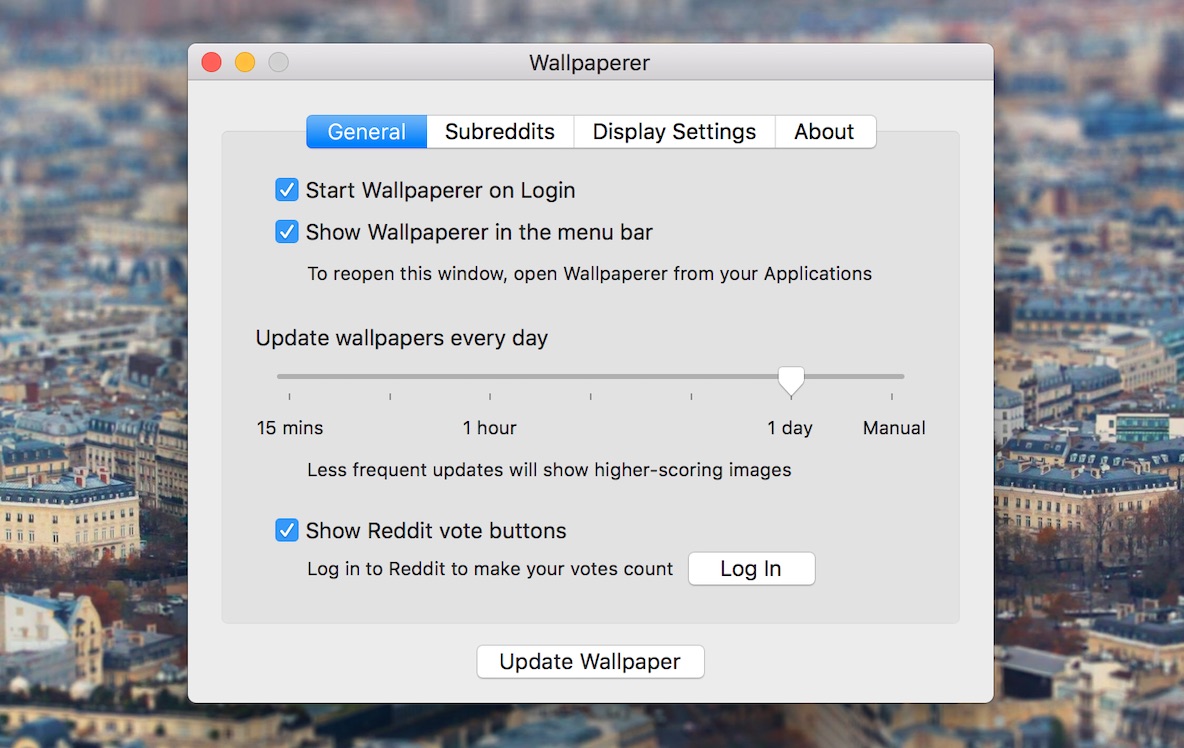 Wallpaperer's Preferences window including a setting to change how often the wallpaper updates